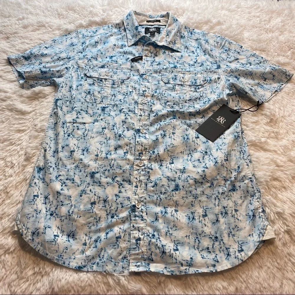 Rock & Republic White and Blue Men’s Short Sleeve Button Down Shirt Size Small